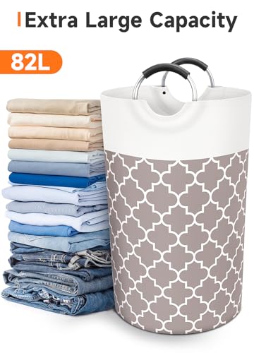Large Laundry Basket, 82L Tall Collapsible Hamper with Handles, Khaki - color: Khaki, size: 82l