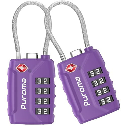 Puroma 2 TSA Approved Luggage Locks 4 Digit Code Cable Lock Purple Dark | Resettable, Flexible Cable, Zipper holes, Zinc Alloy, Bright Color, Large White Numbers, Suitcase Train Travel, laptop bag - color: Basic Purple Dark