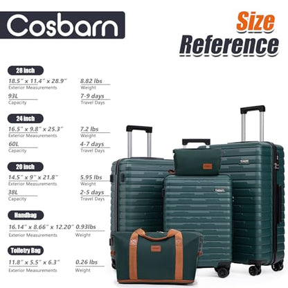Cosbarn Luggage Sets Hardshell 5 Piece Durable Suitcases with Wheels - color: DarkGreen