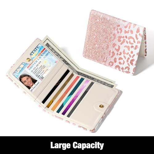 Rouidr Womens Wallet, RFID Small Slim Wallet for Women, Cute Bifold Leather Pocket Credit Card Holder Ladies Mini Purse with Zipper Coin Pocket & ID Window, Pink Leopard - color: Pink Leopard