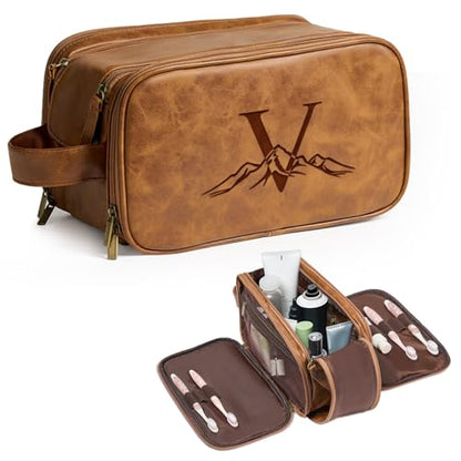 Travel Toiletry Bag For Mens PU Leather Engraved Initials (Yellow Brown V) - color: Brown, style: V