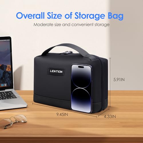 LENTION Premium Waterproof Electronics Organizer Travel Bag with Handle | Large Multi-Compartment Carry Case Fits Tablet, Chargers, Cables, Airpods & Hard Drives to Organize Small Tech Accessories - color: Black
