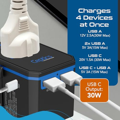 Ceptics International Power Adapter - 30W USB-C, 2 USB-A, Universal Input - color: Black/Blue