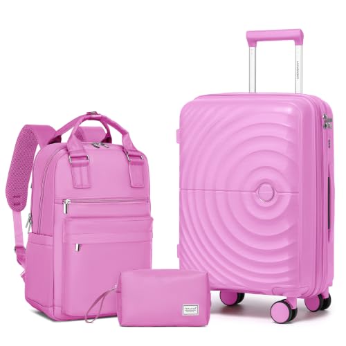 LARVENDER Expandable Carry On 3 Piece Luggage Set with Backpack 20 Inch - color: Berry, style: 3 Piece Sets