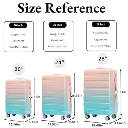 3-Piece Luggage Set 20/24/28’’ Hard-shell with 360° Spinner Wheels, Gradient Color Suitcase with Combination Lock, Lightweight PC Material, (Blue + Pink) - color: Pink-Light Blue Gradient, size: 3-Piece Set(20''&24''&28'')