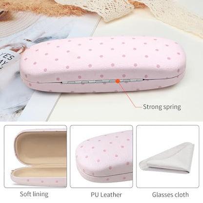 Glasses Case Hard Shell, Cute Sunglasses Case for Women Leather Protective Case for Eyeglass with Cleaning Cloth - color: Pink Polka Dot