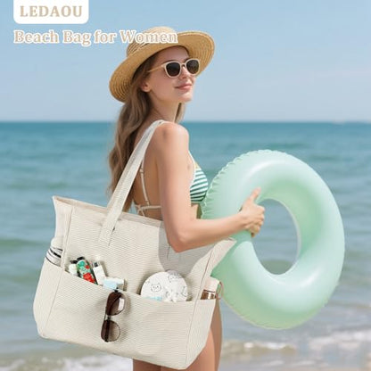 LEDAOU Large Beach Bag for Women, Waterproof Sandproof Tote Bag with Zipper - color: Khaki