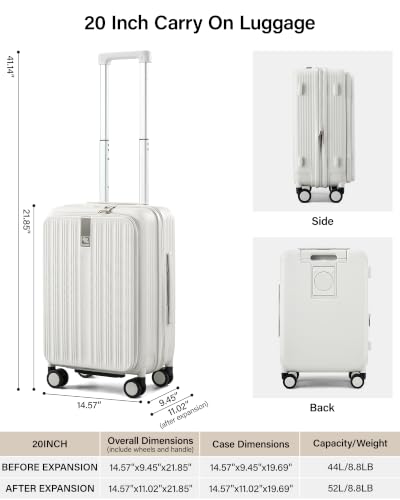 Hanke Top Opening 20" Carry On Luggage Expandable Hard Shell Smoke White - color: Smoke White, size: 20 Inch EXT