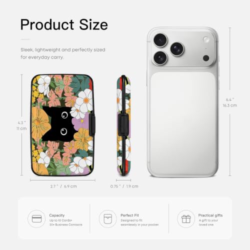 Credit Card Holder RFID Aluminum card case Cat Flowers mini Wallet Women - color: Cat Hiding in Flowers