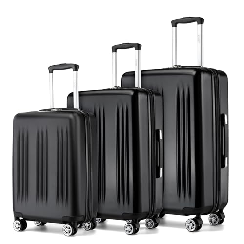 Kono 3 Piece Luggage Set 20/24/28inch Hardshell Expandable TSA Locks, Black - color: Black, size: 3 Piece Set (20"/24"/28")