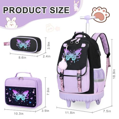 Bevalsa Rolling Backpack for Girls, 3PCS Roller School Backpack Set - color: Purple Butterfly