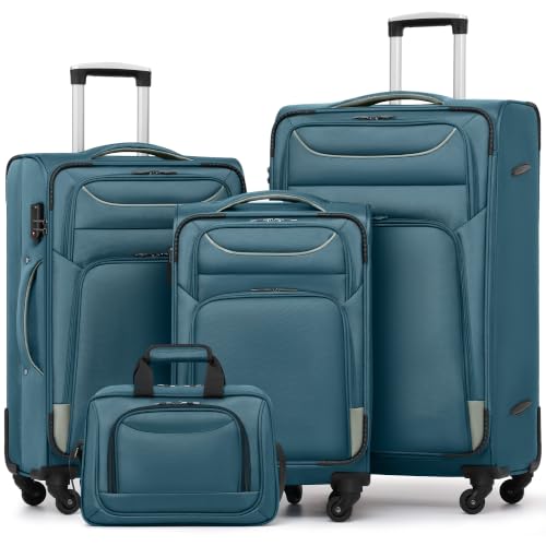 Coolife Softshell Luggage, TSA Lock, Spinner Wheels, 4-Piece Set with Tote - color: blue+sliver