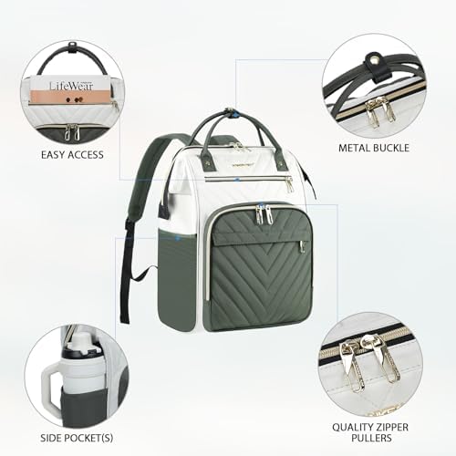 VANKEAN 17.3 Inch Laptop Backpack for Women Large Capacity - color: Beige/Army Green, size: 18 Inch