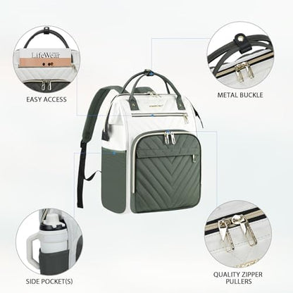 VANKEAN 17.3 Inch Laptop Backpack for Women Large Capacity - color: Beige/Army Green, size: 18 Inch