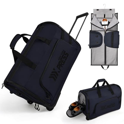 2-in-1 Rolling Garment Bag w/Wheel,Lightweight/Waterproof - color: Navy