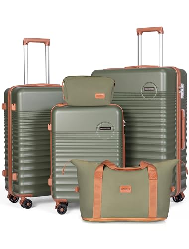 CONCEPTEN Luggage Sets 5 Piece, ABS+PC Hardshell Suitcases with Wheels - color: Olive Drab, size: 5 Piece Sets (20/24/28/Db/Tb)
