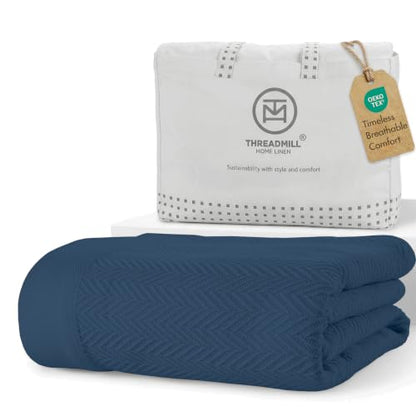 Threadmill Luxury Cotton Blankets for King Size Bed | All-Season Cozy 100% Cotton King Size Blanket | Herringbone Soft Fall Thermal Blanket fits Cal King Size Bed | Folkstone Blue | All-Season Thermal Blanket, Soft & Breathable, Cozy Moisture-Wicking, OEK