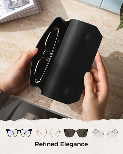 VULKIT Genuine Leather Glasses Case, Magnetic Closure Sunglasses Case, Eye Glasses Cases for Men & Women Spectacle Cases - color: Classic Black