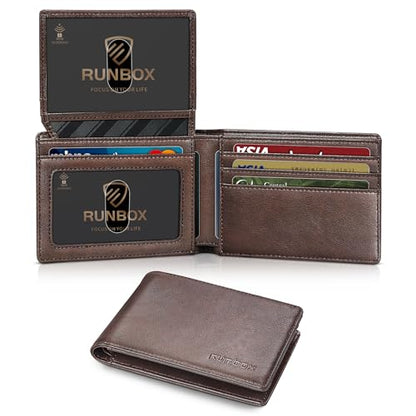 RUNBOX Wallet for Men -Slim Rfid Leather Mens Bifold Novelty Wallets 2 ID Window With Gift Box Men's Accessories - color: Classic coffee