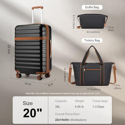 Kono 3-Piece Set 20in Expandable Carry-On Hardshell TSA Lock Black - color: Black/Brown, size: Carry-on travel set (db/tb/20")