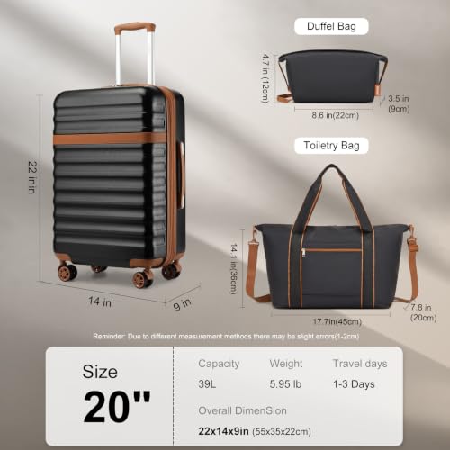 Kono 3-Piece Set 20in Expandable Carry-On Hardshell TSA Lock Black - color: Black/Brown, size: Carry-on travel set (db/tb/20")