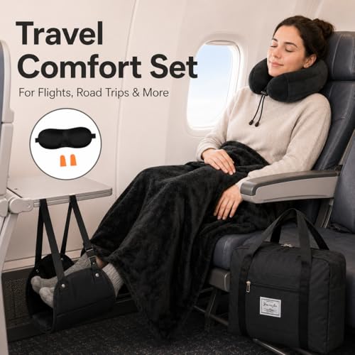 Travel Pillow and Blanket Set - Foot Hammock Rest Airplane Essentials Black - color: Black
