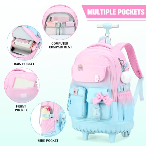 ACESAK Rolling Bow Backpack for Girls with Lunch Bag & Pencil Pouch - color: Pink Blue