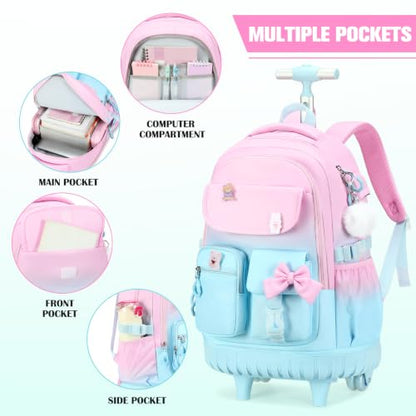 ACESAK Rolling Bow Backpack for Girls with Lunch Bag & Pencil Pouch - color: Pink Blue