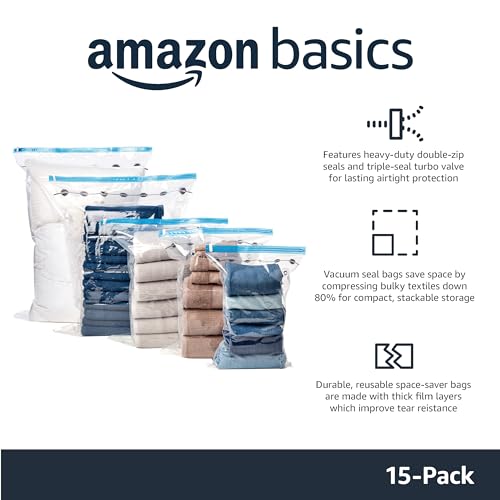 Amazon Basics Vacuum Storage Bags for Clothes, Compression Space Saving Storage Bags with Hand Pump, Reusable, Heavy-Duty Seal Protection, Multiple Sizes, White, 15-Pack - size: Multiple (Pack of 15)