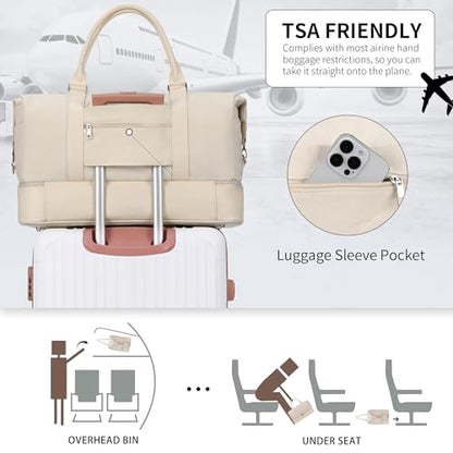 Women's Weekender bag Travel Duffel Bag with Shoe Compartment 21-inch Airline-Approved Carry-On, 2-Piece Overnight Bag Set Personal Item Luggage - color: D-Beige