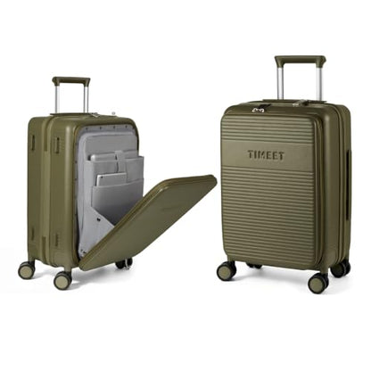 Timeet Carry On Luggage, 20 Inch Airline Approved Matte PC Hard Shell Suitcase with Front Open Compartment, TSA008 Lock, Built-in USB Charging, Lightweight Silent Spinner Wheels, Olive Green - color: Olive Green, size: 20 inch front open