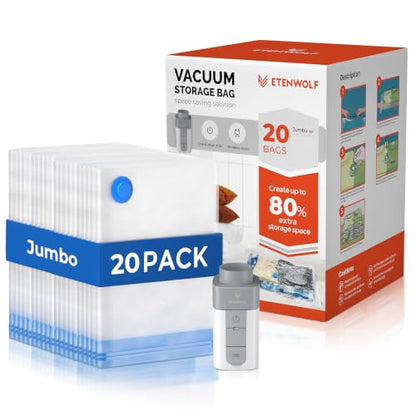 ETENWOLF 20 Jumbo Vacuum Storage Bags for Travel with Wireless Pump - size: 20 Jumbo Size-E