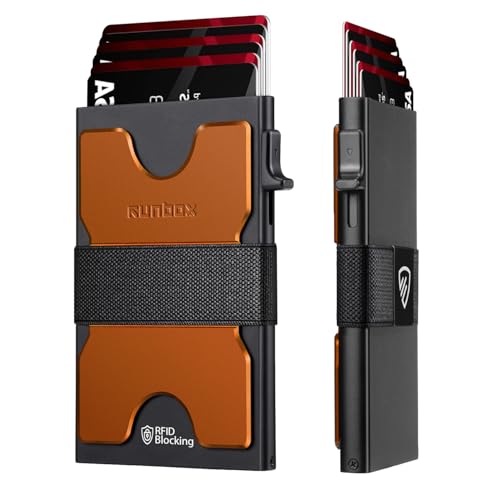 RUNBOX Slim Wallet for Men, RFID Aluminum Pop-Up Card Holder for 12 Cards - color: Matt Orange