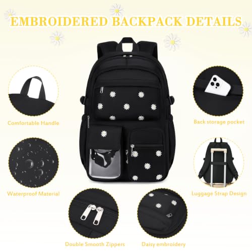 ACESAK 3PCS Embroidered Girls Backpack with Lunch Bag Set,Black Daisy - color: Black Daisy