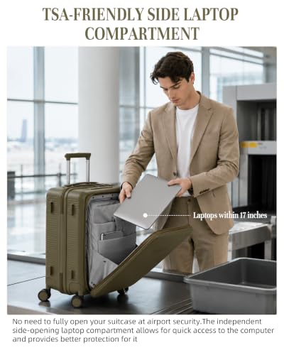 Timeet Carry On Luggage, 20 Inch Airline Approved Matte PC Hard Shell Suitcase with Front Open Compartment, TSA008 Lock, Built-in USB Charging, Lightweight Silent Spinner Wheels, Olive Green - color: Olive Green, size: 20 inch front open