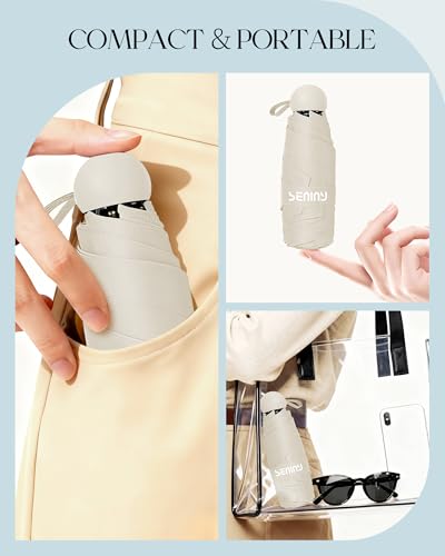 Seniny Mini Travel Umbrella with Case, Compact Pocket Size UV Sun & Rain - color: Beige