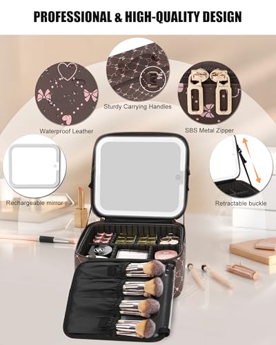 Relavel Travel Makeup Bag With LED Mirror, Brown Bowknot - color: 03-Brown Bowknot, size: 1-Small