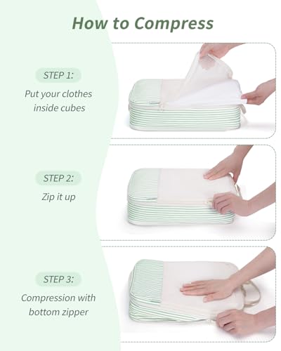 Narwey Compression Packing Cubes for Travel, Cute Luggage Organizer Bags - color: ZY-Mint Green Stripe