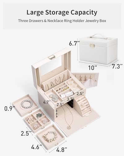 VLANDO Jewelry Boxes & Organizers with Mirror and 3 Drawers,White - color: A.White