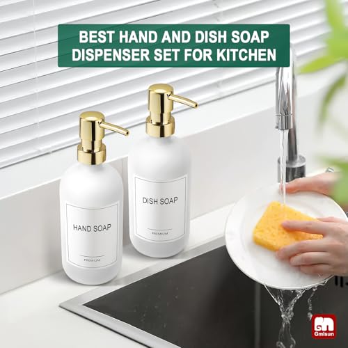 GMISUN White Soap Dispenser, 2 Pack Glass Hand Soap Dispensers Bathroom with Gold Pump, 17 Fl Oz Dish Soap Dispenser Set for Kitchen, Refillable Modern Liquid Soap and Lotion Dispensers Bottle - color: White Bottle + Golden Pump, size: 2 Pack