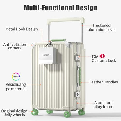 ROPLUS Aluminium Frame Checked-Luggage with Smooth Jelly Wheels, Hardside Zipperless Rolling Suitcase with TSA Lock (WhiteGreen, 28-Inch) - color: White& Green, size: 28 inch