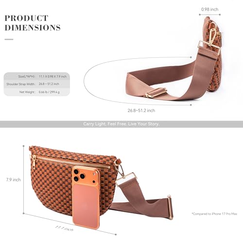 Woven Crossbody Bag for Women, Checkered PU Bum Bag Sling Purse with Adjustable Strap for Travel, Festivals - color: Brown and Coffee Checkered Woven