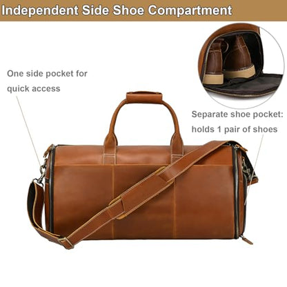Full Grain Leather Duffel Bag for Men, 2-in-1 Garment Travel Bag with Shoe Compartment, Weekender Overnight Bag for Business Trip, Light Brown - color: Y22a01Y Light brown
