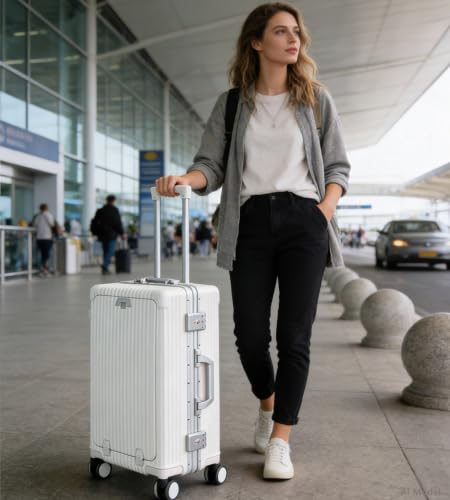feilario PC Hardside Carry On Luggage, Aluminum Frame, TSA Lock, Cup Holder - color: A1-Ivory White (zipperless closure), size: 22.5"
