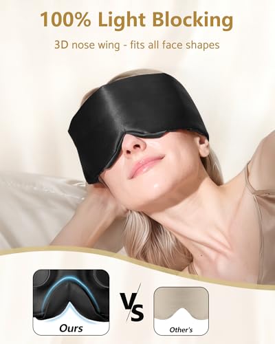 BeeVines Luxury Pure 100% 22 Momme Silk Sleep Mask, 3D Countoured Eye Mask - color: 02 Jet Black