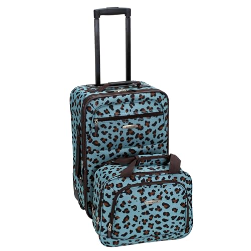 Rockland Fashion Softside Upright Luggage Set,Expandable,Telescopic Handle,Wheel, Blue Leopard, 2-Piece (14/19) - color: Blue Leopard, size: 2 Piece (19"/14" Tote)