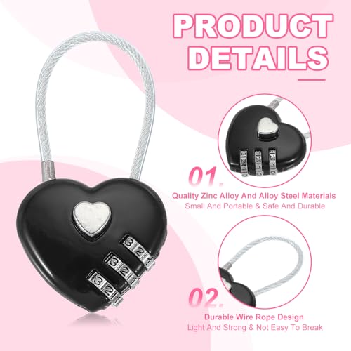 MECCANIXITY Heart Padlock, 3 Digit Combination Lock Heart Shape Mini Code Locks for Jewelry Storage Box Valentine Gift Travel Bags Gym Outdoor Combo Lock, Black, Pack of 2