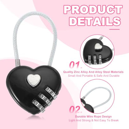 MECCANIXITY Heart Padlock, 3 Digit Combination Lock Heart Shape Mini Code Locks for Jewelry Storage Box Valentine Gift Travel Bags Gym Outdoor Combo Lock, Black, Pack of 2