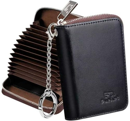 FurArt Zipper Wallet Women RFID Credit Card Holder keychain Wallet | ID Window RFID Blocking Compact Small business 15/16 slots - color: Crazy Horse black