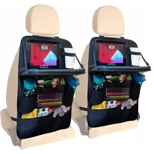 Backseat Car Organizer with Tray, 9 Storage Pockets Back Seat Protector with Foldable Tablet Holder, Waterproof Back of Seat Kick Mats for Kids Adult, Road Trip Essentials Travel 2 Pack, Black - color: Black